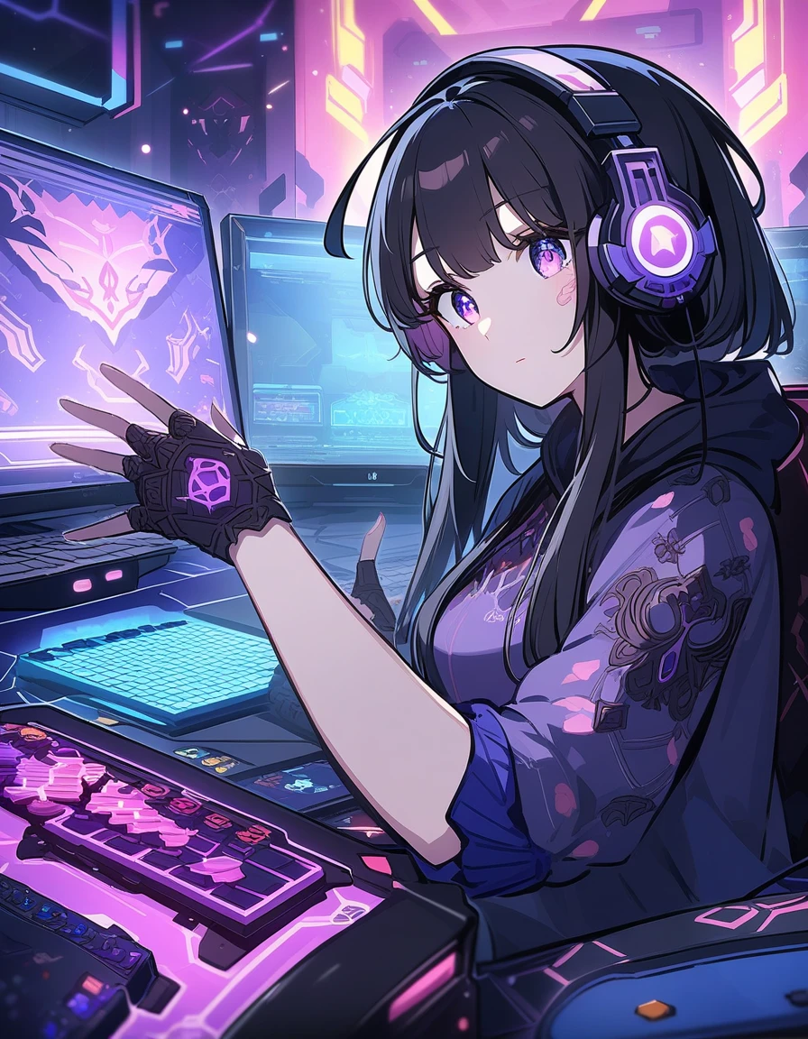 premium、Superior image quality、masterpiece、girl with((18 years、cool hat、Tattoo on the right shoulder.、Black navel tank top、shorts blancos、best bust、Bust 85、purple hair、by the wide、blue eyes、open chest、happiness、Chain accessories、Black bracelet on the wrist.、Sit in a chair、a thin、a smile、have a controller、pose sexy、Gaming Headphones、))high quality、American comic style、background with((Neon colored room、gaming computer、gaming desk、gaming chair、game bed、game console))、mesa、depth(Ray)