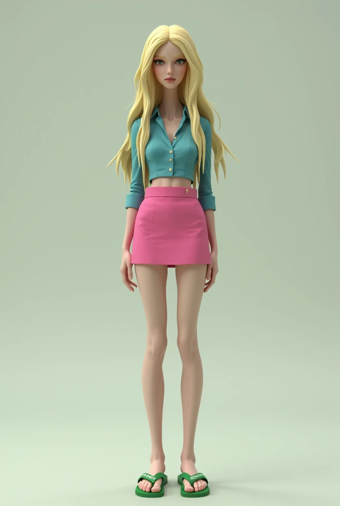 Slim woman with long blonde hair , long and skeletal face . Pink blue blouse and green flip flops with the name Betybum