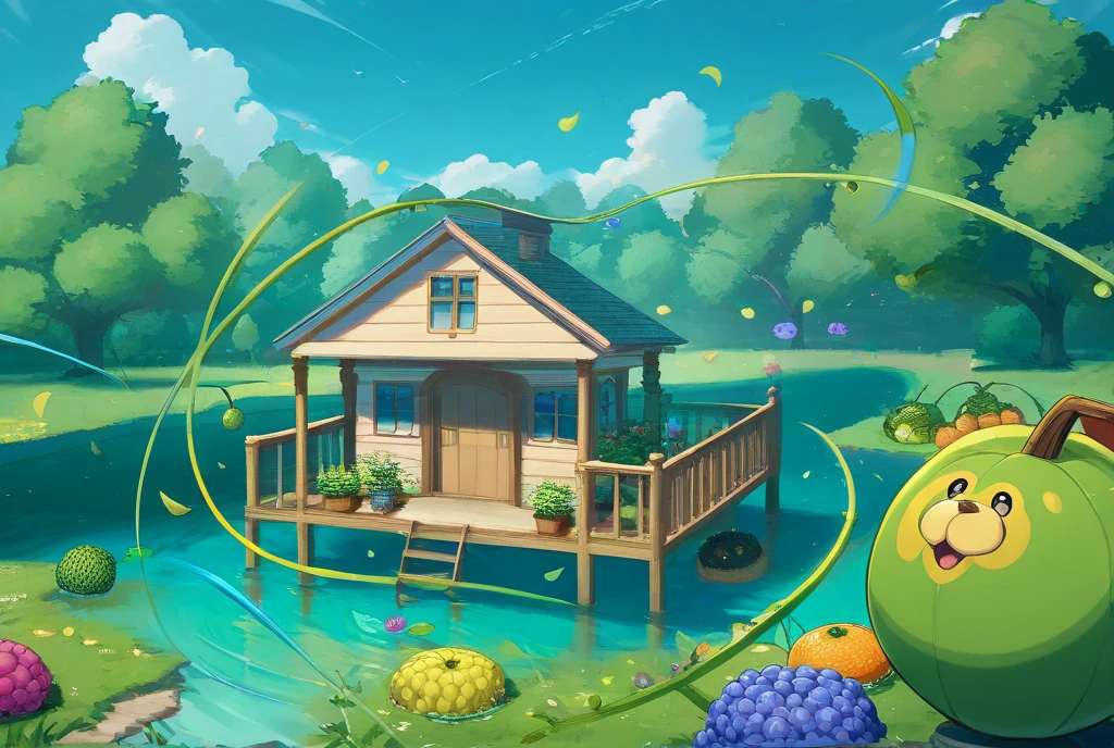 Create a house room with technology, gardens full of fruits and water, also with pets