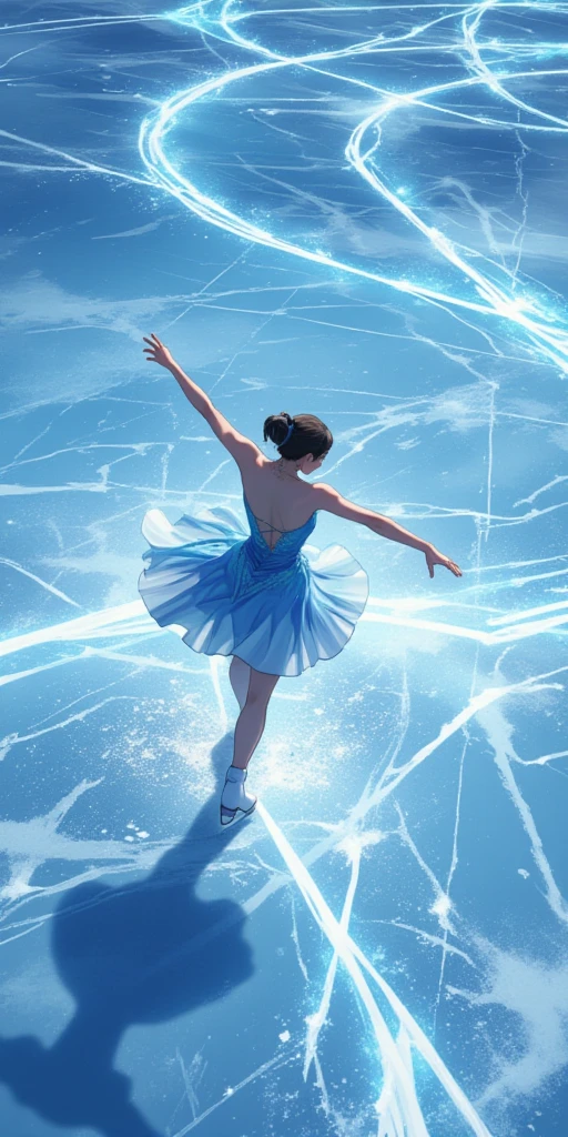 beautiful Ice Dance.(The trails of the blades of the skates glowing as beautiful geometric patterns on the beautifully clear ice stage. A view from above where the whole trail can be seen.) (Beautiful female skater.beautiful dress. Dynamic and supple pose.) newest anime style