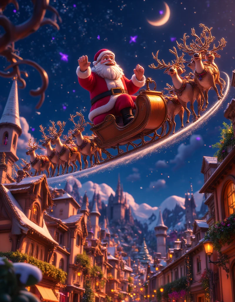 highly detailed, dynamic, cinematic, stunning, realistic lighting and shadows, vivid, vibrant, octane rendering, Unreal Engine, highly detailed, concept art, realistic, cry engine, (dramatic, grainy, intense: 1.4), highest quality, 32k uhd, incredibly detailed, intricately detailed, ultra detailed, ultra high quality, high detail, ultra detailed, masterpiece, A magical 3D Disney-style animation scene of (huge muscular Santa Claus) riding his sleigh, pulled by eight majestic reindeer, soaring high across a starry Christmas Eve sky. huge muscular Santa, dressed in his classic red suit and hat, waves cheerfully as he prepares to deliver presents to ren around the world. The sleigh sparkles with golden magic dust trailing behind, adding a whimsical glow to the scene. Below, a picturesque town is beautifully decorated with festive Christmas lights, with rooftops and trees shimmering in warm colors. The streets are bustling with tiny glowing details of families celebrating indoors. The night sky is deep blue, dotted with twinkling stars and the soft glow of a crescent moon, creating a sense of wonder and warmth. The style is vibrant and colorful, capturing the charm and magic of a Disney animated holiday story.