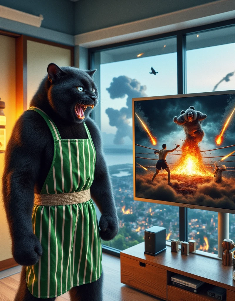 ultra-realistic, photorealistic, dramatic scene, shadow, global-illumination, solo, (1 human-like giant black cat is standing and watching TV), (the human-like giant black cat looks gentleman only wearing a vertical striped green apron), at the stylish Japanese apartment room, the large TV displays\(Muay Thai fighter vs. terrifying man-eating panda, there are the shouting Muay Thai fighter and terrifying panda with fang, volcano, thunder, giant meteorite, Muay Thai fighter shows extremely painful expressions\), peaceful sunny day,