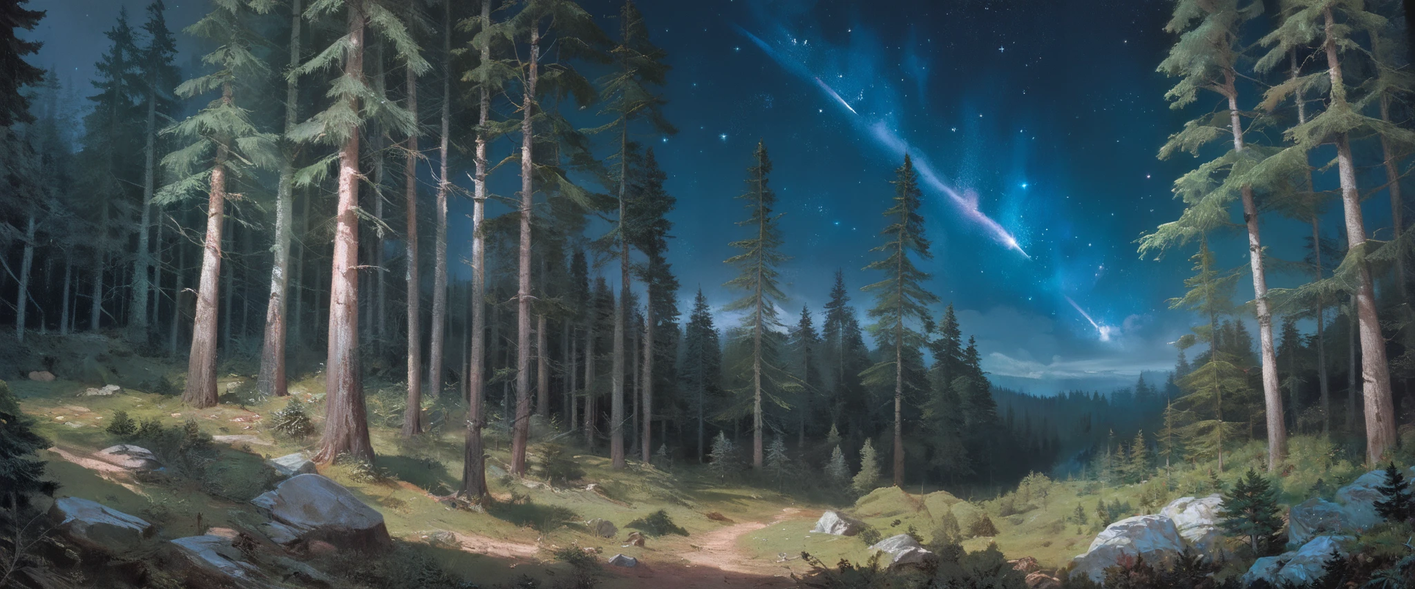 Precise old encyclopedia (best quality:1.2), (detailed:1.2), (masterpiece:1.2), vintage illustrations of a pine forest at night, pine forest, black sky with stars and galaxies and comet