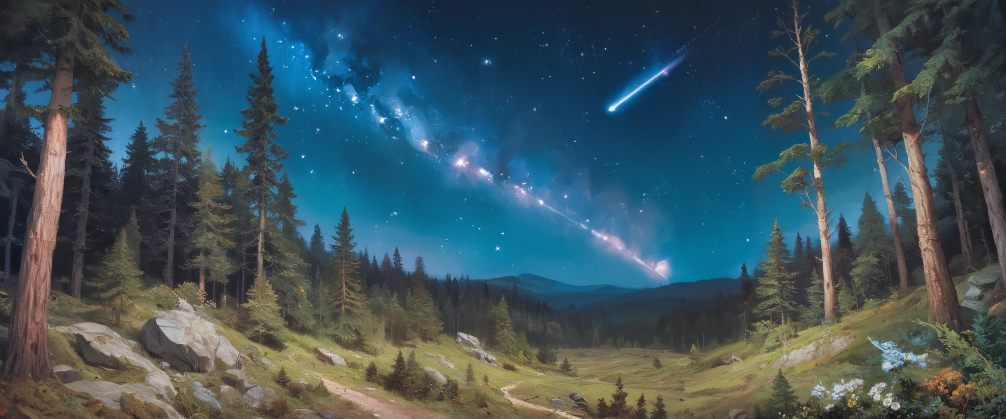 Precise old encyclopedia (best quality:1.2), (detailed:1.2), (masterpiece:1.2), vintage illustrations of a pine forest at night, pine forest, black sky with stars and galaxies and comet