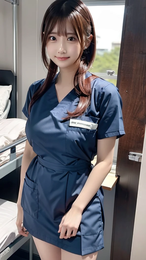 top quality ,  very detailed with crimson hair, finely,  high definition  , 8k wallpaper,  perfect dynamic configuration ,whole body,  standing facing the camera, Hospital room ,nurse ,Nice young girl ,20 years old,白のnurse服,ワンピースのnurse服,Nice young girl，Kind Face ,smile , Beautiful breasts ,  small face  , Black Hair ,  ponytail hair