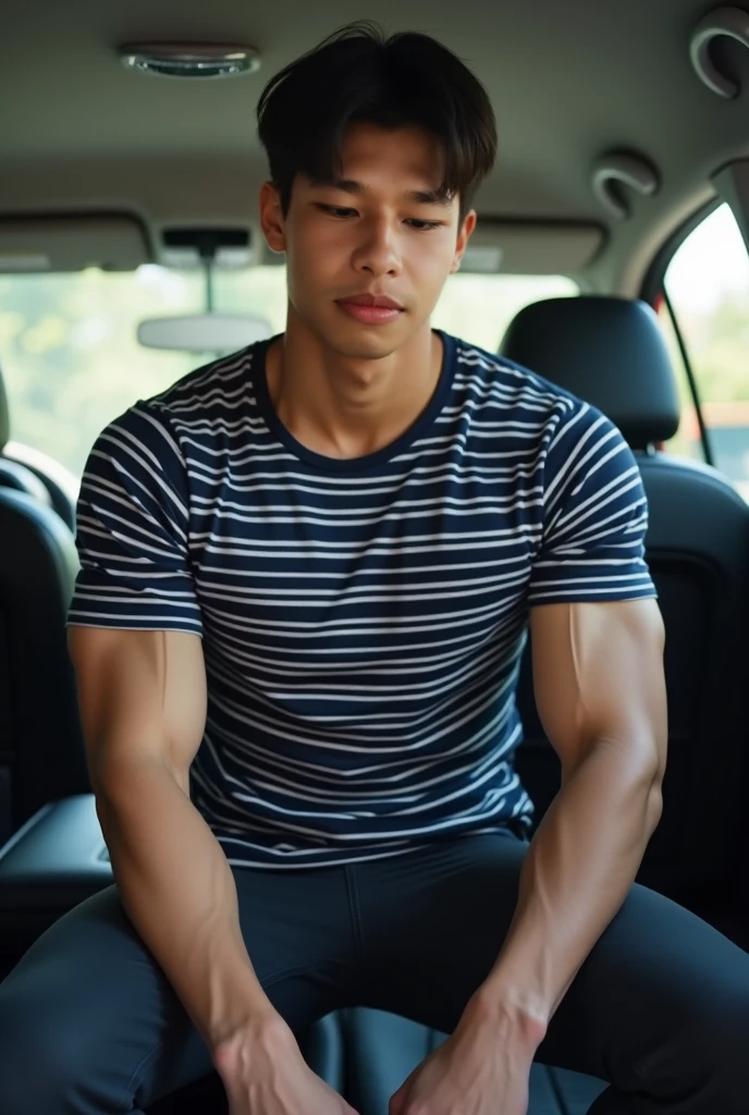 Indonesian guy, neat muscular, long jeans, sitting in the train, bulge, black shirt