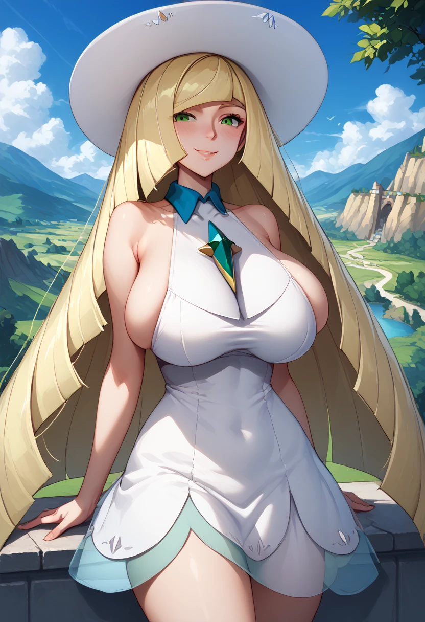 pokemonlusamine, blonde hair, green eyes, hair over one eye, long hair, multicolored hair, streaked hair, very long hair, collared dress, dress, hat, sleeveless, sleeveless dress, sun hat, sundress, white dress, white headwear, cowboy shot, outdoors, island, huge breasts, tall, micro dress, sideboob, blush, smug, milf, mature woman, skindentation, undersized clothes, bursting breasts