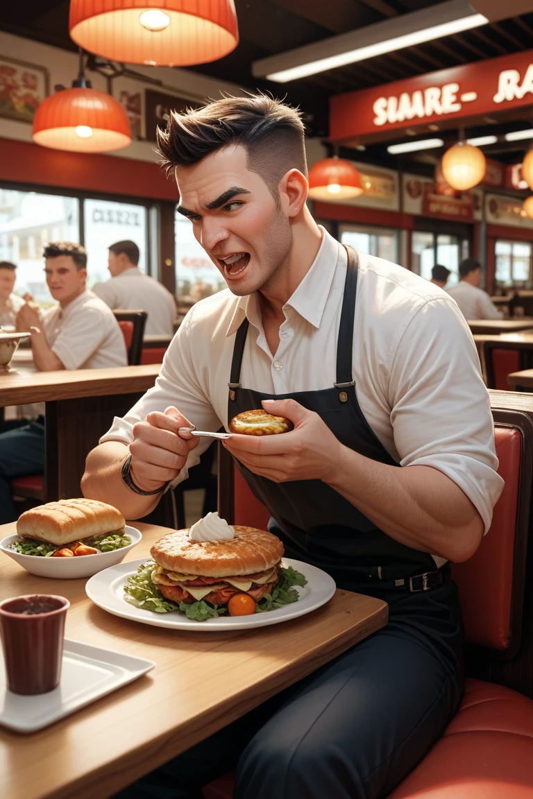 the restaurant owner angerly shouting talking to a homeless man in tattered clothes sitting in the restaurant asking for the waitress for food