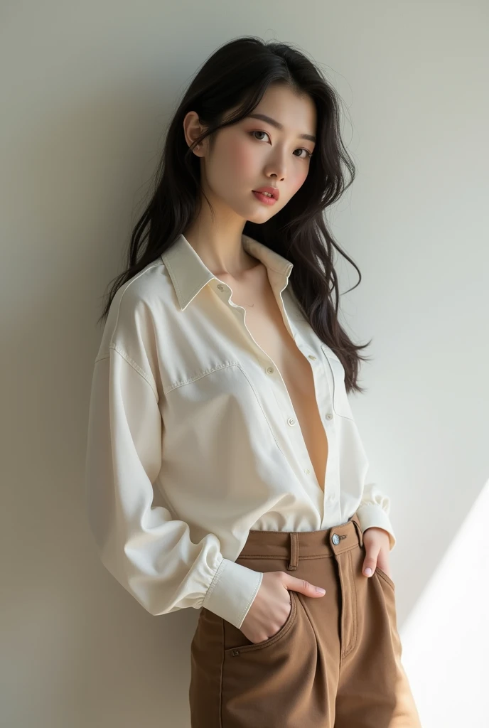 Best quality, masterpiece, super high resolution, realistic, a girl, (pretty face: 1.4), pink neck tight shirt, blue sweatpants (big breast, narrow waist), flush bangs, chi hair, in the library, background blurred, beautiful lights, shiny skin