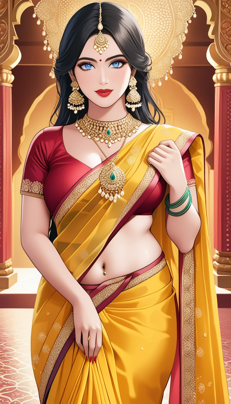 Renowned actress at the age of 28 , with intricate designs, detailed long big kundan jhumka earrings,red lipstick, black hair, medium round breasts, Deep cleavage ,face makeup, navel, eyeliner, eyeshadow, necklace,bangles, accessories , detailed blue eyes, tight yellow blouse,oily skin, red lipstick,  ,necklace , looking at viewer, seductive face, seductive expression , happy face,big ass,body chain , jewellery ,  biting her lips , blush ,wet hair , detailed accessories,navel piercing,ear piercing ,  silk yellow  saree,navel