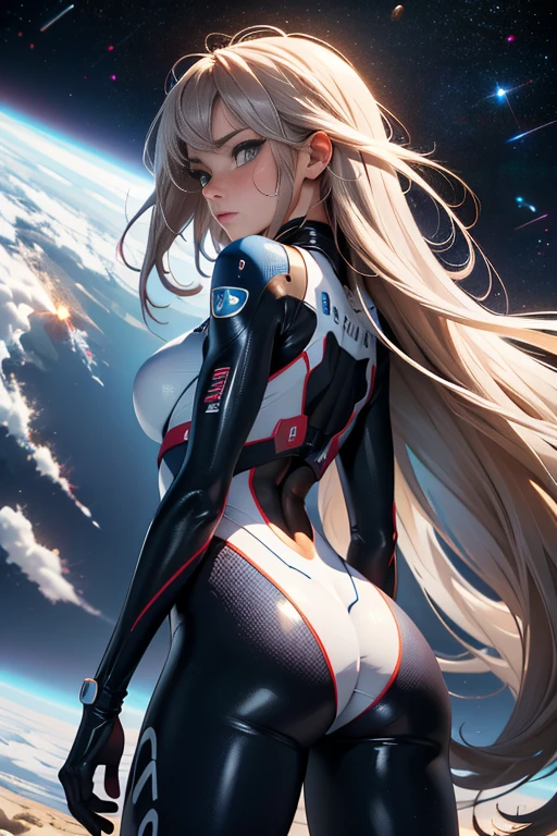 rear view, backside view, turning away, sandy hair, eyes are blue, fit body large breasts slender thighs slender waist pilot suit solo looking away from viewer, in space, long hair, blushing, determination, 8k, extreme detail,