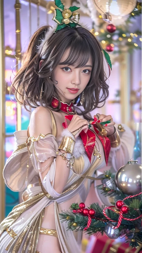 (32K:1.9, Photographically:1.8,  top quality:1.8, masterpiece,  super high resolution ),  Christmas Night:1.3,  professional camera work:1.3,  Cinematic Lighting :1.3, 非常に detailed肌と顔の質感:1.3, Always accurate,  detailed, ((22 years old, Unbelievably slender:0.5, Fluffy Santa costume:1.5, Santa hat:1.0,  Christmas dinner:1.5,  Christmas tree, During meals:1.5, Moonlight illuminates the hut )),  white skin,  elegant , sense of cleanliness, (Big Breasts,  big eyes that exude beautiful eroticism, smile, I love you with all my heart, Open your mouth a little, lipstick, Overly sensual, Feel beautiful sensuality ), (Sexy Face, Beautiful erotic atmosphere,  wet golden bob hair ),  earrings,  necklace,  Bracelets , ( romantic,  mysterious in another dimension), Object of praise,  original , dramatic, Artistic, Innovative, charm, Heartful, Gorgeous, sense of openness, Special,  exciting , Extreme, (((joy, joyの表現, 可愛さのcharm, 女性的なcharm)))