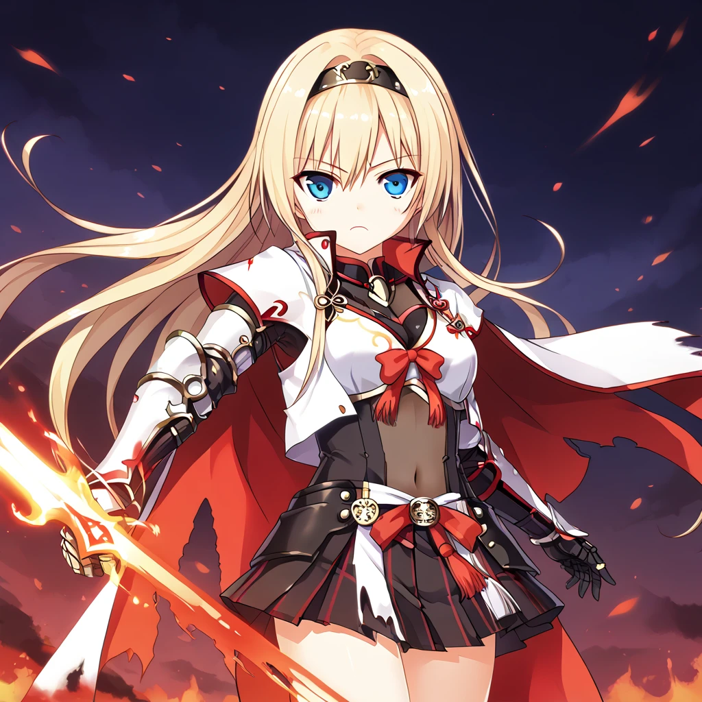 (Ashikaga Yoshiteru, black version, dark side version,),dark girl,evil, gamecg, detailed, score_7, score_8, score_9, dark face, ashikaga_yoshiteru_(sengoku_otome), blonde hair, blue eyes, long hair, breasts, armor, hairband, cape, black bow, midriff, black skirt, pleated skirt, skirt in plaid skirt,navel, belly button, gauntlets, cowboy shot, black armor, torn cape, black gauntlets, ((Darkened coloring, The armor has become sinister as it falls into darkness.)), artist:CURA