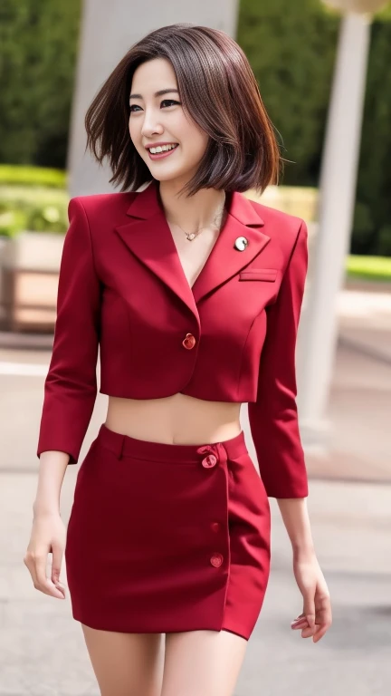  Masterpiece、 top quality、UHD,Hyperrealistic、Clear image、Japanese female politicians、Red luxury suit、 super mini tight skirt 、 fashion model body type、 long foot、Big Breasts、sfw, slim body 、(( Very Short Hair:1.1))、 Confident Smiles 、Active leg moving、 face close-up、