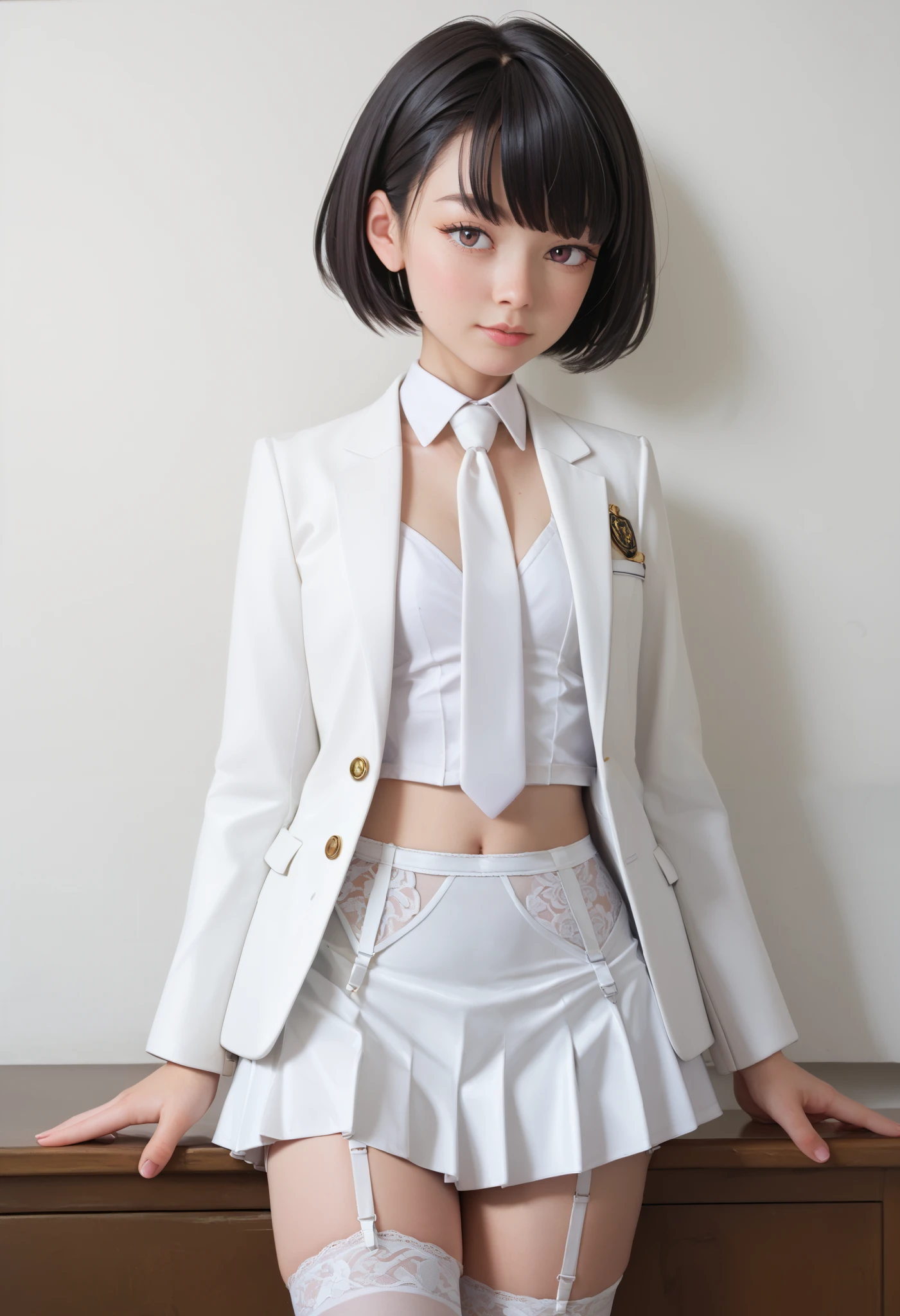 score_9, score_8_up, score_7_up, ,cowboy shot,1woman,,Naval officer、short hair,bangs,((white blazer jacket、white tie、 white mini skirt、white garter belt,white thighhighs))、