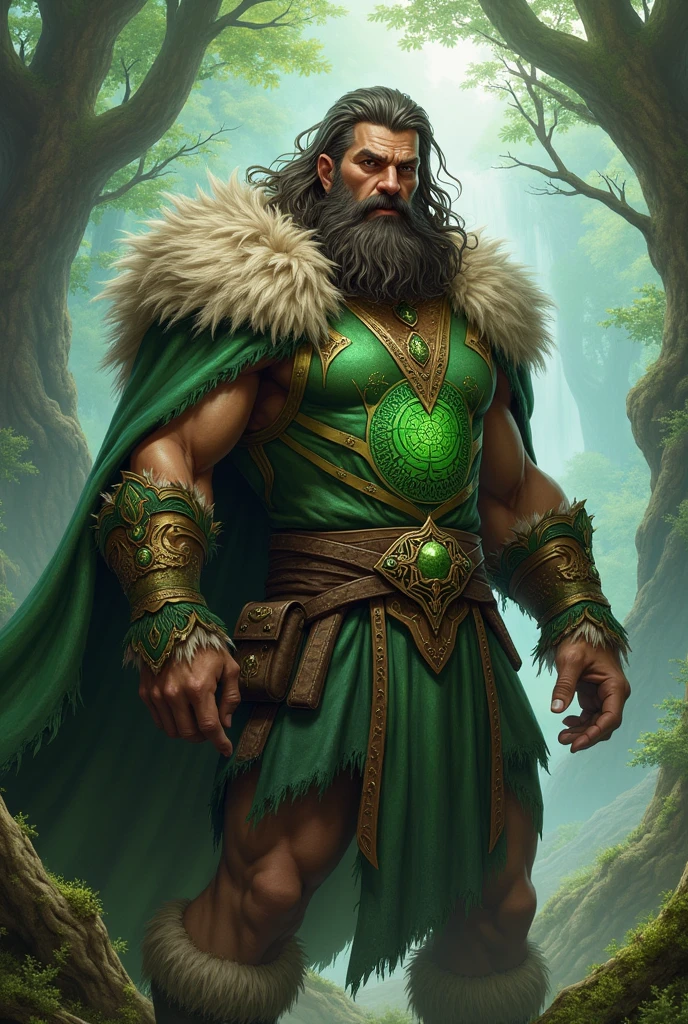 bellow shot of a intimidating male firbolg barbarian who uses a huge tribal totem for weapon, firbolg, D&D style, half giant, long green cape, clothes in shades of green, long clothes with sleeves, grey eyes, clothes covering the abdomen, druid clothes