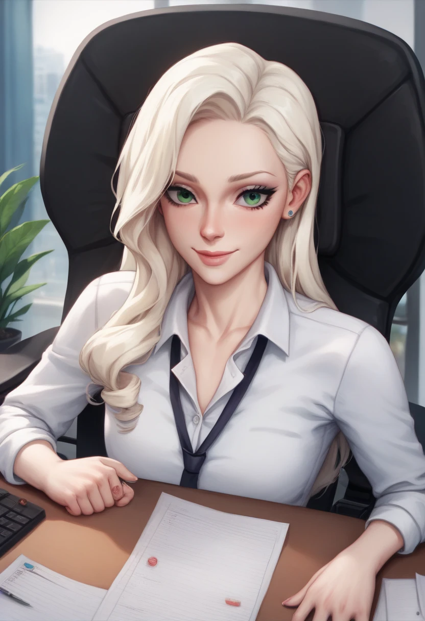 best quality, (very aesthetic), intricate details, newest, 1woman, adult, slender body, green eyes, white blonde hair, long waved hair, feminine,  business suit, white shirt, collared shirt, collarbone, jacket, shy smile, office, sitting  on office chair, (fix_hands), (fix_feet), (fix_fingers)