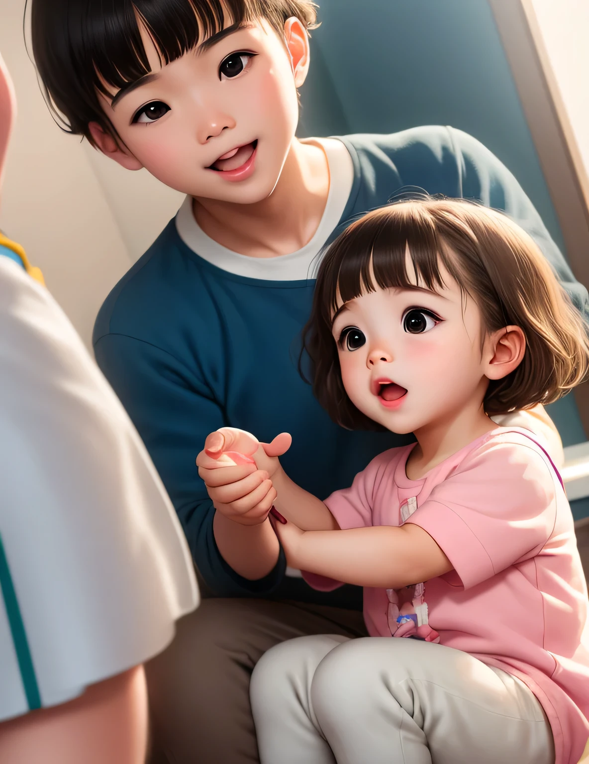 Asian, toddler, very short hair, bob cut, black hair, straight hair, happy, surprised, slim, dark eyes, naked, pacifier, blue painted diaper, round eyes, boy, baby bottle, small penis, pee coming out of penis, being held by daddy, diaper down to knees, cute pose touching own penis, showing daddy's penis, showing diaper on hands and knees,