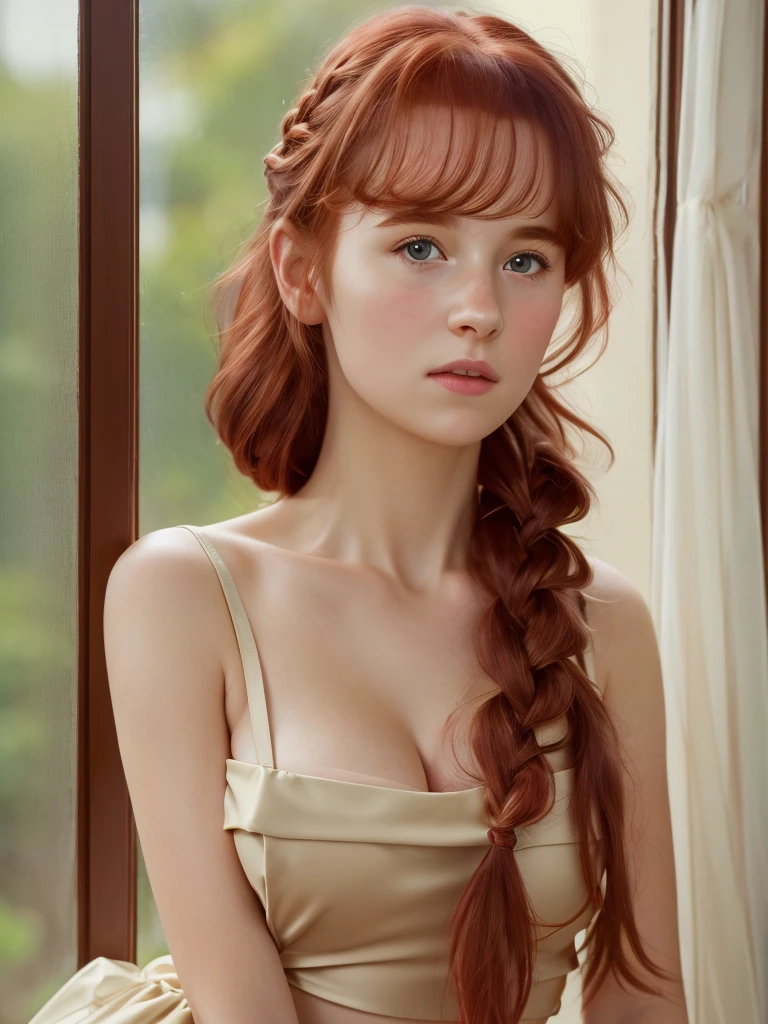 Makima, pure white skin colour, bright red long braided hair, white button shirt, age 25, perfect shape body, perfect face, large perfect breasts, 3d, 8k hd, ultra realistic, posing to viewer