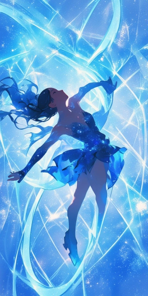 beautiful Ice Dance.(The trails of the blades of the skates glowing as beautiful geometric patterns on the beautifully clear ice stage. A view from above where the whole trail can be seen.) (Beautiful female skater.beautiful dress.ice skate shoes. Dynamic and supple pose.) newest anime style