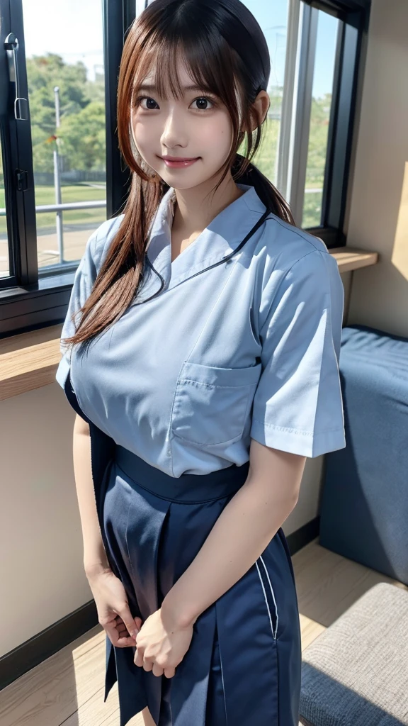 top quality ,  very detailed with crimson hair, finely,  high definition  , 8k wallpaper,  perfect dynamic configuration ,whole body,  standing facing the camera, Hospital room ,nurse ,Nice young girl ,20 years old,白のnurse服,ワンピースのnurse服,Nice young girl，Kind Face ,smile , Beautiful breasts ,  small face  , Black Hair ,  ponytail hair