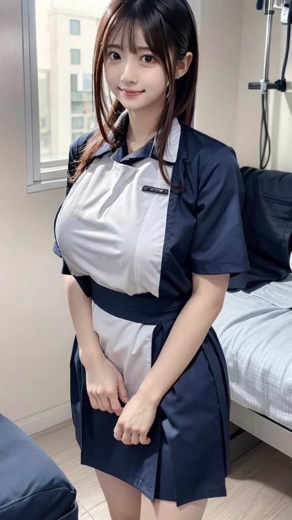 top quality ,  very detailed with crimson hair, finely,  high definition  , 8k wallpaper,  perfect dynamic configuration ,whole body,  standing facing the camera, Hospital room ,nurse ,Nice young girl ,20 years old,白のnurse服,ワンピースのnurse服,Nice young girl，Kind Face ,smile , Beautiful breasts ,  small face  , Black Hair ,  ponytail hair