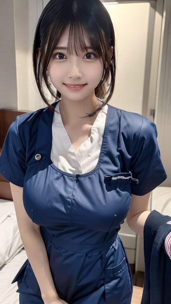 top quality ,  very detailed with crimson hair, finely,  high definition  , 8k wallpaper,  perfect dynamic configuration ,whole body,  standing facing the camera, Hospital room ,nurse ,Nice young girl ,20 years old,白のnurse服,ワンピースのnurse服,Nice young girl，Kind Face ,smile , Beautiful breasts ,  small face  , Black Hair ,  ponytail hair