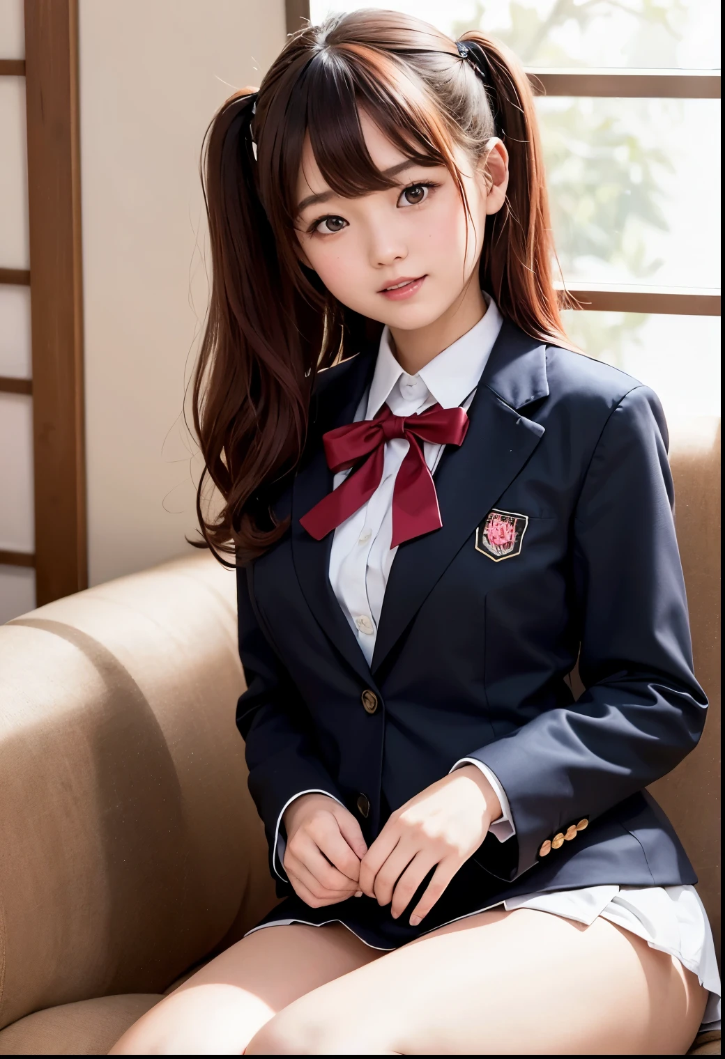 ( top quality,masterpiece:1.3, super high resolution ),( very detailed with crimson hair、 caustics) ( realistic :1.4, RAW shooting、)Ultra- realistic Capture、 very detailed with crimson hair、 natural skin texture 、masterpiece、(Japanese wearing a blazer uniform for students:1.3)、The front buttons on the blazer are off、 cute expression 、Expression of happiness、、: 、baby face、 innocent gingly cute、 rstyle 、Curly Hair、ribbon、 black hair、 Big Breasts、Shining thighs、Shining Ass、Filmed sitting on a sofa in a private room at a sex shop、Men and women sit on sofas、Background details、smile、 invite a gaze、( anatomically accurate )、 cowboy shot 、 attention to detail、Sit beside a man 、 touch a man's penis