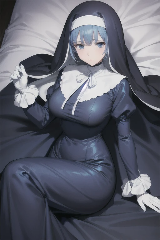 Mature women, nun, blue nun outfit, puffy sleeves, blue cape ,blue long skirt, white gloves, long deep black veil, vail cover her face,(look at viewer), vail covered face, (perfect skin),(no emotion ), anime, room, bedroom, sexy pose, lying down