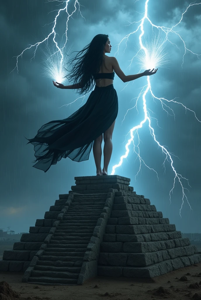 Digital painting of the full-length silhouette of the Greek goddess Aphrodite. In the background a thick fog around, a red lightning in the sky illuminates the fog, with black mystical mountains, bright colors, high contrast of shadows, dark atmosphere, view from above. High resolution, mysticism+coherent and ultra-realistic.