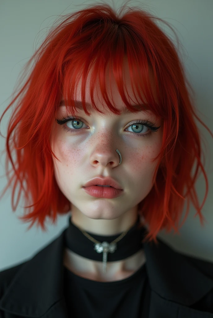 -yeld giwith red bob hair and slightly gothic bangs and septum