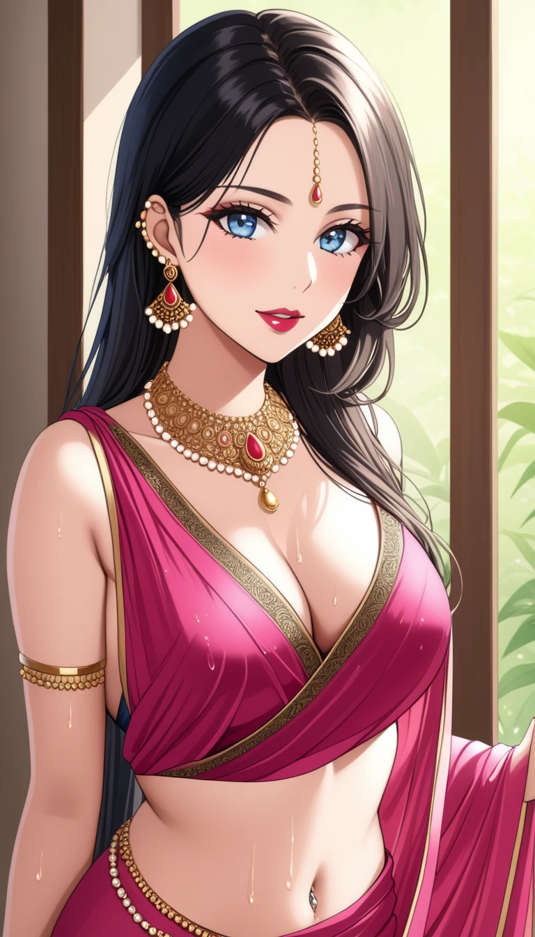 Renowned actress at the age of 28 , with intricate designs, detailed long big kundan jhumka earrings,red lipstick, black hair, medium saggy breasts, Deep cleavage ,face makeup, navel, eyeliner, eyeshadow, necklace,bangles, accessories , detailed blue eyes, tight pink blouse,oily skin, red lipstick,  ,necklace , looking at viewer, seductive face, seductive expression , happy face,big ass,body chain , jewellery ,  biting her lips , blush ,wet hair , detailed accessories,navel piercing,ear piercing ,  silk  saree,navel,