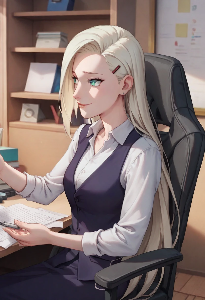 best quality, (very aesthetic), intricate details, newest, 1woman, adult, slender body, green eyes, white blonde hair, long waved hair, feminine,  business suit, white shirt, collared shirt, collarbone, jacket, shy smile, office, sitting  on office chair, (fix_hands), (fix_feet), (fix_fingers), , ino yamanaka, blue eyes, 