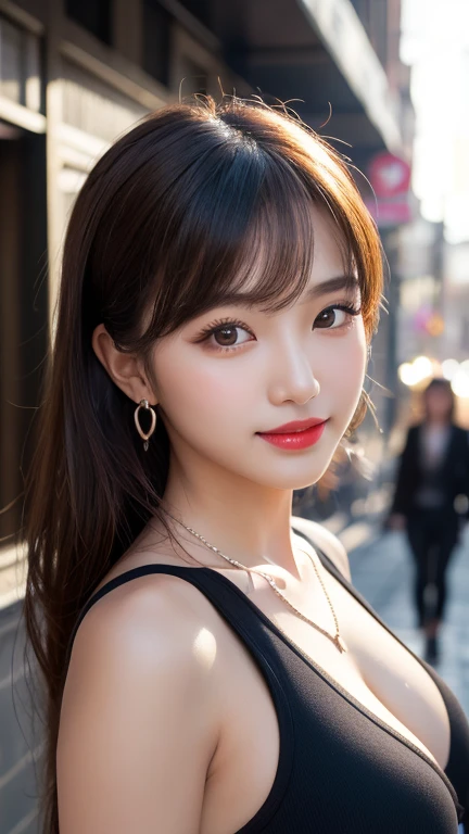 ((Best Quality, 8K, Masterpiece:1.3)), 40k, photography, Perfect Body Beauty:1.4, Cinematic lighting, Black long hair, straight Bangs, (red batik:1.1) , (in front of cafe:1.2), Highly detailed face and skin texture, Detailed Eyes, Double eyelids, skin brightening, perfect faces, (Huge breasts:1.5), (nighttime), Smile, Earrings, necklaces, mature women, coffee on table, (a women sitting in front of cafe),