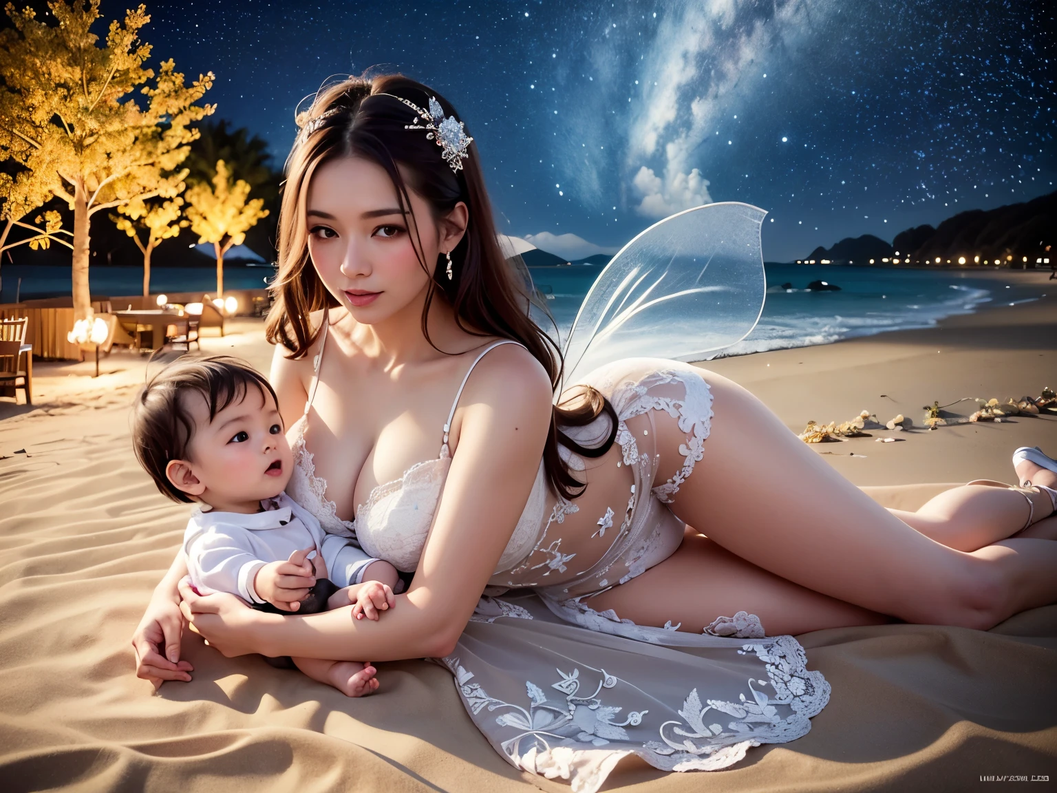 Best quality, realistic, image of beauty woman holding a year-old babyboy, looking camera, full body, small breast, seethru dress, woman laying, fairy, beach, galaxy night sky background