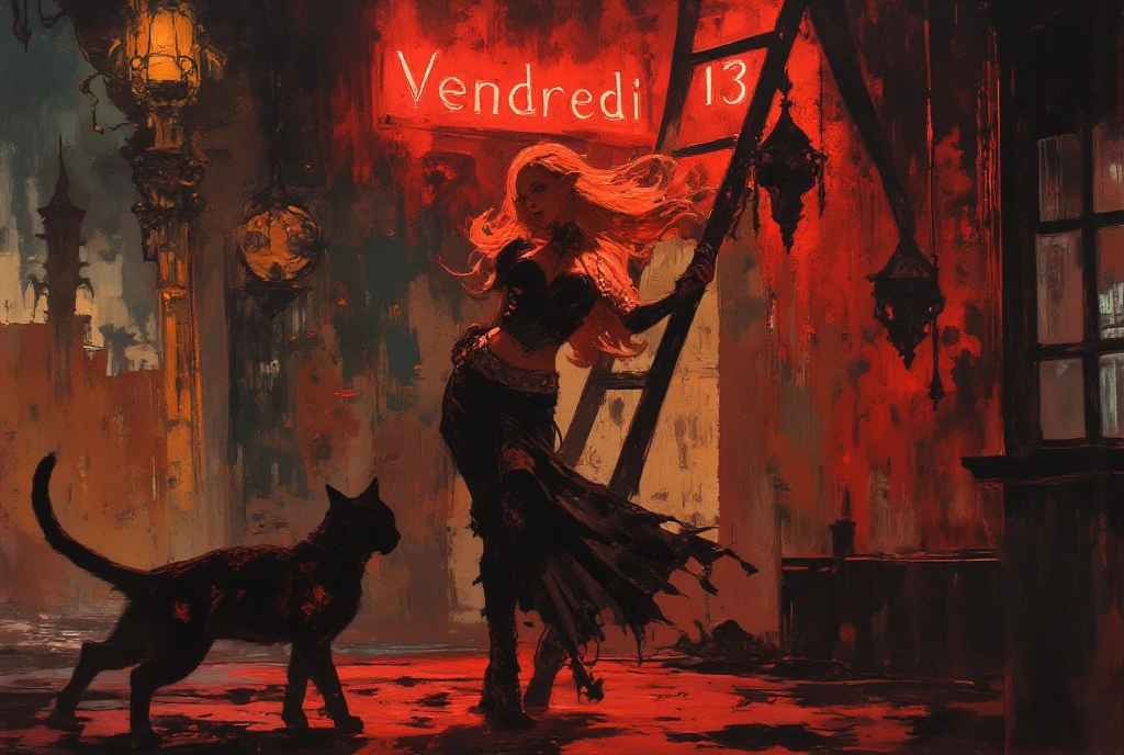 (Realpaint gouache and acrylic. elaborate. full character. add charcoal for contouring and texture) realistic. full character. d&d style. 
an exquisite auburn-gold hair woman wearing an original suit with boots. Blurred background. full character. She passes under a Big ladder, a black cat runs past her. It says "vendredi 13" in bright red light. she IS very afraid