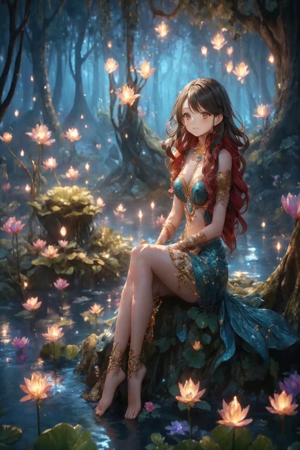 anime girl sitting on a rock in a forest with flowers, beautiful fantasy anime, anime fantasy artwork, beautiful alluring anime woman, anime fantasy illustration, fantasy art style, beautiful anime woman, beautiful anime girl, beautiful fantasy art, 2. 5 d cgi anime fantasy artwork, beautiful anime artwork, closeup fantasy with water magic, beautiful anime art, anime lush john 8k woods