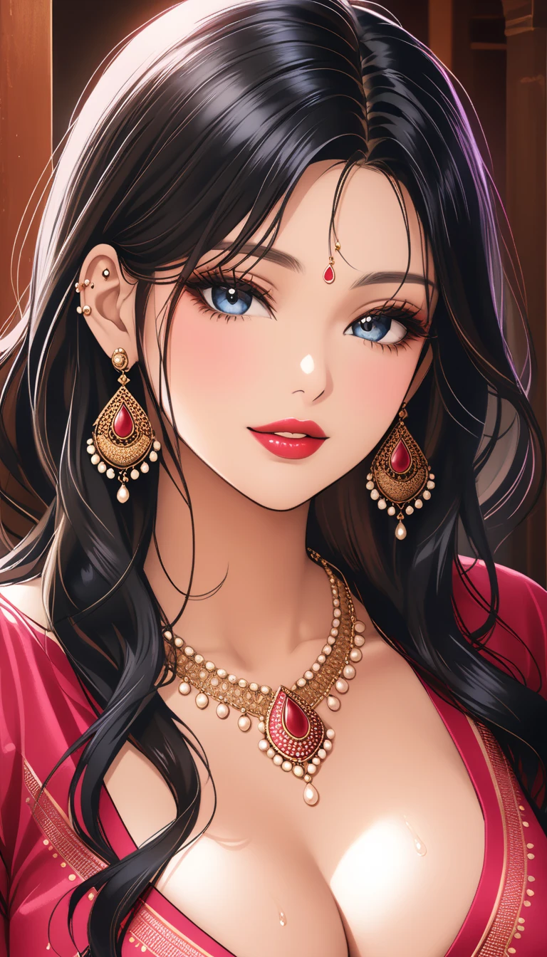 high quality, 8K Ultra HD, paintings with a Victoria Frances-like atmosphere, (holding Deepak), Detailed illustration of a fantastic beautiful woman, (beautiful face), (mature woman), perfect face, perfect eyes, perfect nose, perfect lips, paintings with a mysterious touch, outdoor background, (dark forest background), (night), full moon, awesome full color, little smile, (red lips), blush on face, (blush), ((silver eyes)), (((silver eyes))),((dark brown hair)), (((wearing a black and white saree))), ((red bindi between the eyebrows)), (((red bindi))), cinematic blue tone, cinematic colour grading