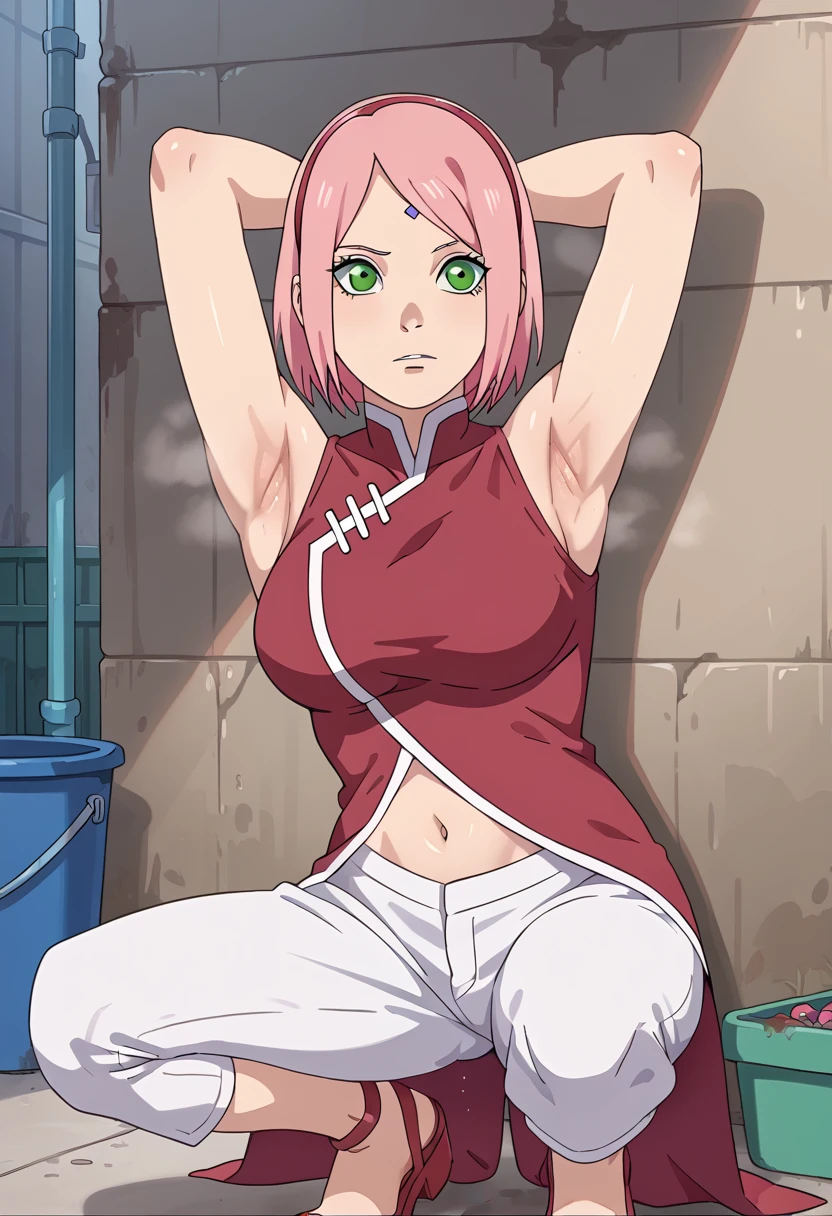 score_9, score_8_アップ, score_7_アップ, ソース_أنيمي, أنيمي screencap,,nsfw,haruno sakura,sakura,green eyes ,pink hair, short hair,, red sleeveless dress, navel, large breasts, white pants,In a dimly lit alley ,Armpit,Armpit wrinkles,Armpit smell,Armpit juice,Arms up,Stretch,pubic hair,under hair,squat down, 