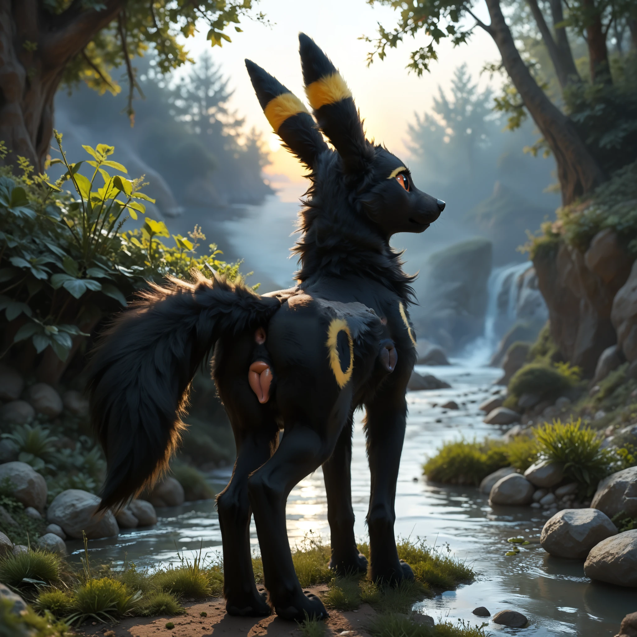 score_9, score_8_up, score_7_up, best quality, high res, very aesthetic, realistic, masterpiece, feral, female, solo,naked, fur, fluffy, tuft, umbreon,rear view, canine pussy, anus,standing,detailed background,fluffy tail, canine,black body, sunset, looking down, sniffing, black tail, black fur, looking back, looking aside, black pupils, tail up, tree, nature , river