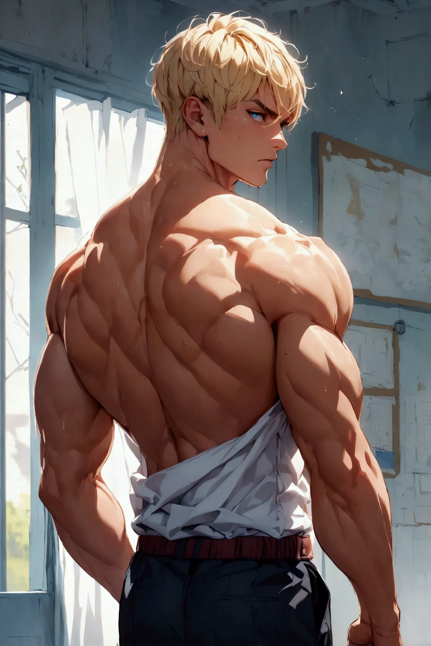 (best quality,4k,highres,masterpiece:1.2),ultra-detailed,realistic:1.37,men Bakugou Katsuki,locker room,taking off clothes,handsome,athletic build,wet bodies,sweat glistening on skin,glistening muscles,rippling abs,shadows and highlights,toned backs,broad shoulders,defined jawlines,piercing eyes,dripping water drops,wet hair,sensuous lips,confidence,masculinity,charismatic smiles,eyes filled with intensity,locker decorations,steam in the air,moisture on mirrors,dimmed lighting,strong contrast,body tattoos,sleek and modern lockers,luxurious bench,shower area in the background,stainless steel accessories,steam rising,exhaust fan noise,intriguing composition,blue color tones,spotlights casting dramatic shadows,professional sports club atmosphere
