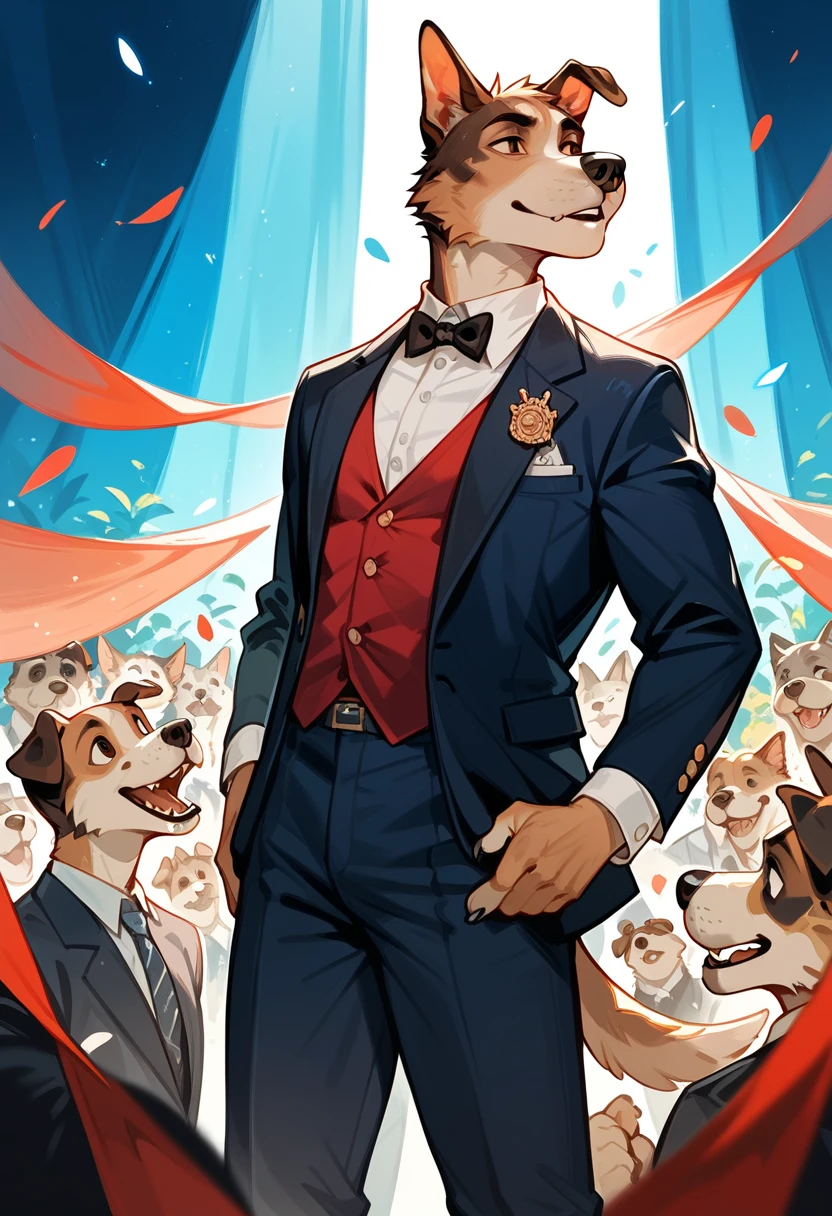 score_9, score_8_up, score_7_up, score_6_up, score_5_up, score_4_up, hires, source_furry,（Charismatic man with a top knot, On a lively stage, Captivate the crowds with an impressive light show）Vocalist Male Cartoon、Anthropomorphic Scottish Terrier Dog