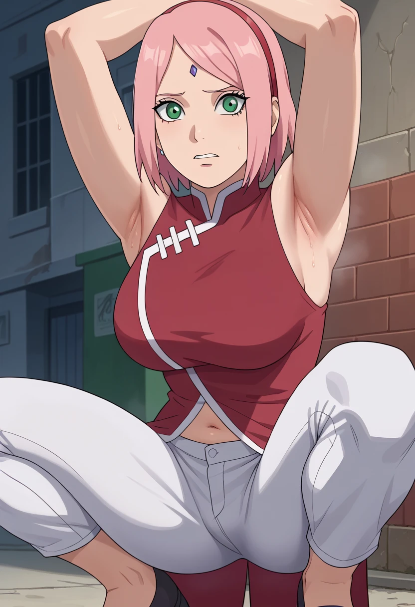 score_9, score_8_アップ, score_7_アップ, ソース_أنيمي, أنيمي screencap,,nsfw,haruno sakura,sakura,green eyes ,pink hair, short hair,, red sleeveless dress, navel, large breasts, white pants,In a dimly lit alley ,Armpit,Armpit wrinkles,Armpit smell,Armpit juice,Arms up,Stretch,pubic hair,under hair,squat down, 