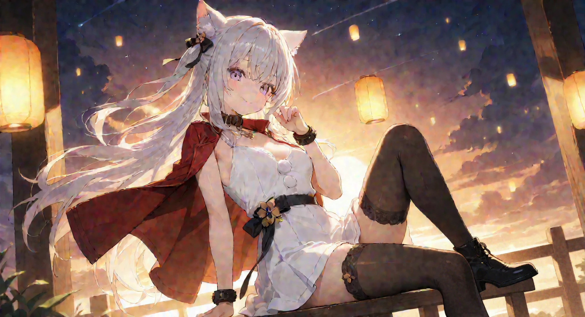 super high quality, with a girl, 20-year-old, very short hair, long bangs between the eyes, gray eyes , blue sky, sunlight, very detailed,(masterpiece、highest quality)、alone、gray hair、laughter、fantasy, silver hair, black eye, beautiful eyes,, ???????, charm, be smitten with audience, fantasyな風景、Princess、white clothes、cherry blossoms