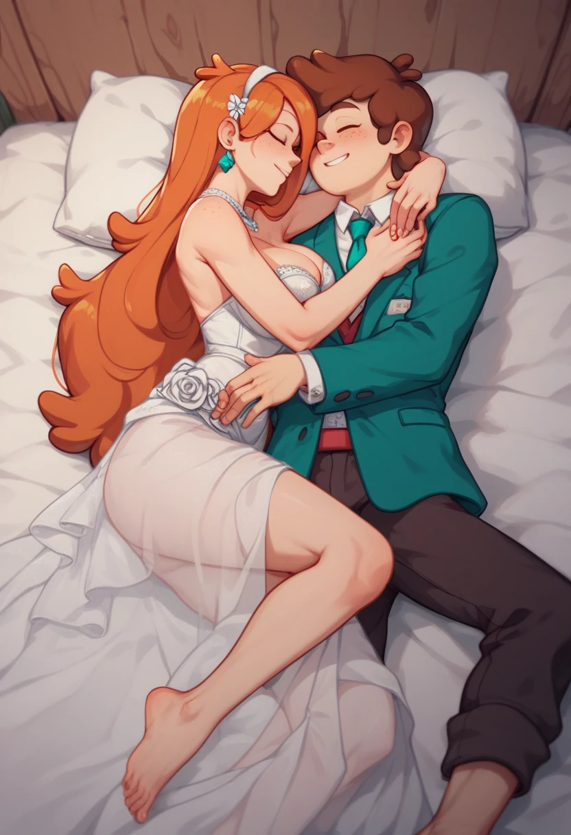 wendy corduroy\(gravity falls)\(ginger) and dipper pines\(gravity falls)\(brunnette) just married ,  nsfw , adult_rating, 1boy, 1 girl, large breasts, teen,  romantic, ginger, bridal lingerie, classy, cuddling on bed