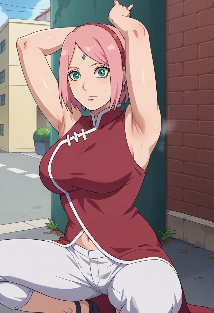 nsfw, haruno sakura, pink hair, short hair, green eyes, red sleeveless dress, navel, large breasts, white pants,black eyes,In a dimly lit alley ,Armpit,Armpit wrinkles,Armpit smell,Armpit juice,Arms up,Stretch,pubic hair,under hair,squat down, 