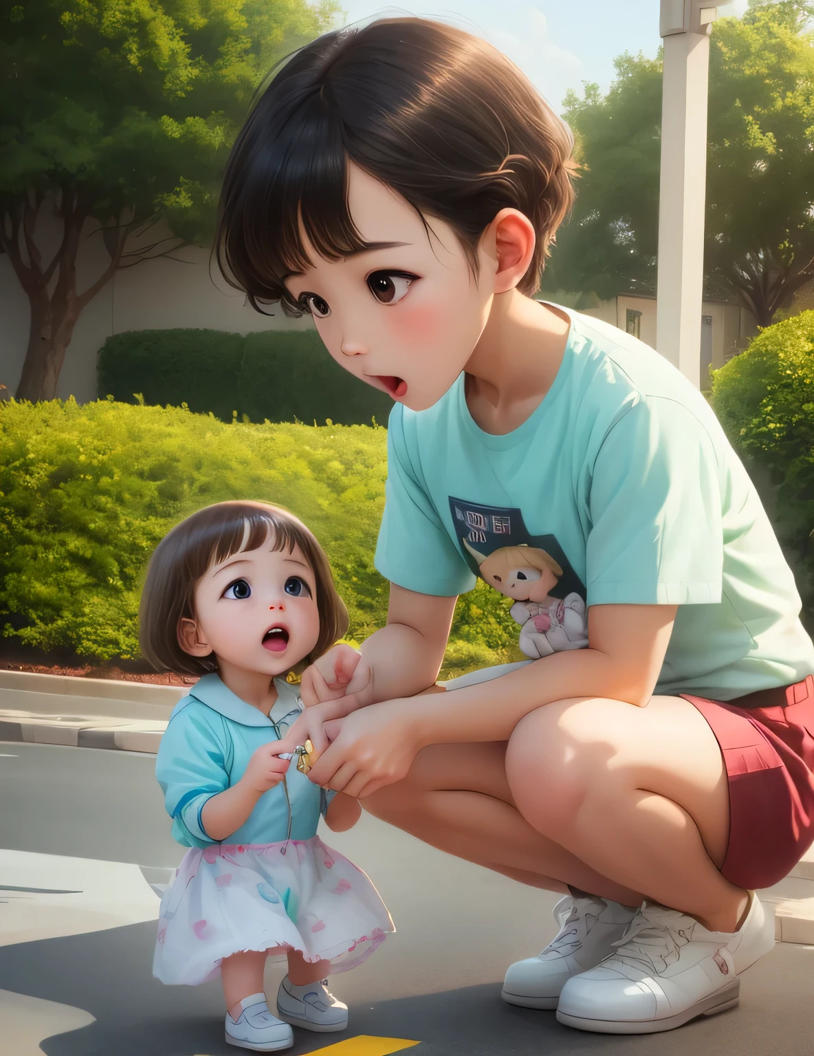 Asian, toddler, very short hair, bob cut, black hair, straight hair, happy, surprised, slim, dark eyes, naked, pacifier, blue painted diaper, round eyes, boy, baby bottle, small penis, pee coming out of penis, being held by daddy, diaper down to knees, cute pose touching own penis, showing daddy's penis, showing diaper on hands and knees,