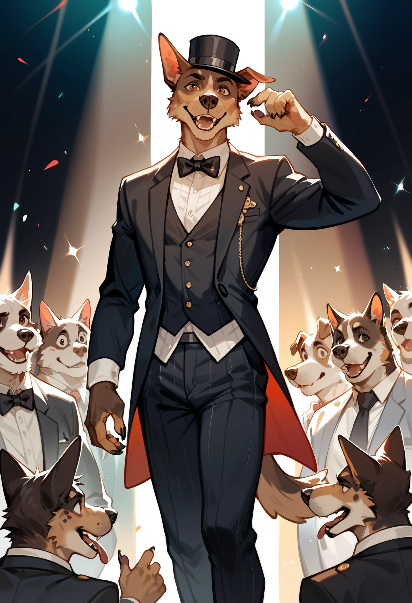 score_9, score_8_up, score_7_up, score_6_up, score_5_up, score_4_up, hires, source_furry,（Charismatic man with a top knot, On a lively stage, Captivate the crowds with an impressive light show）Vocalist Male Cartoon、Anthropomorphic Scottish Terrier Dog