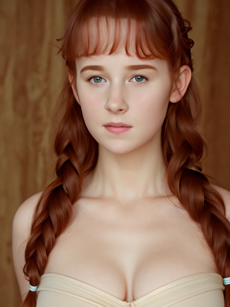 (best quality,4k,8k,highres,masterpiece:1.2),ultra-detailed,(realistic,photorealistic,photo-realistic:1.37), ((woman embracing herself, solo, shy, pale skin)), ((very large bust size for her young age)), braided red hair