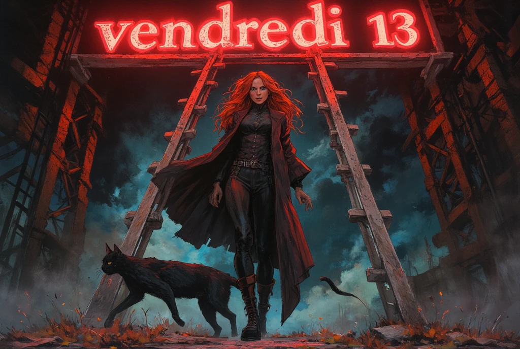 (Realpaint gouache and acrylic. elaborate. full character. add charcoal for contouring and texture) realistic. full character. d&d style. 
an exquisite auburn-gold hair woman wearing an original suit with boots. Blurred background. full character. She passes under a Big ladder, a black cat runs past her. It says "vendredi 13" in bright red light. she IS very afraid